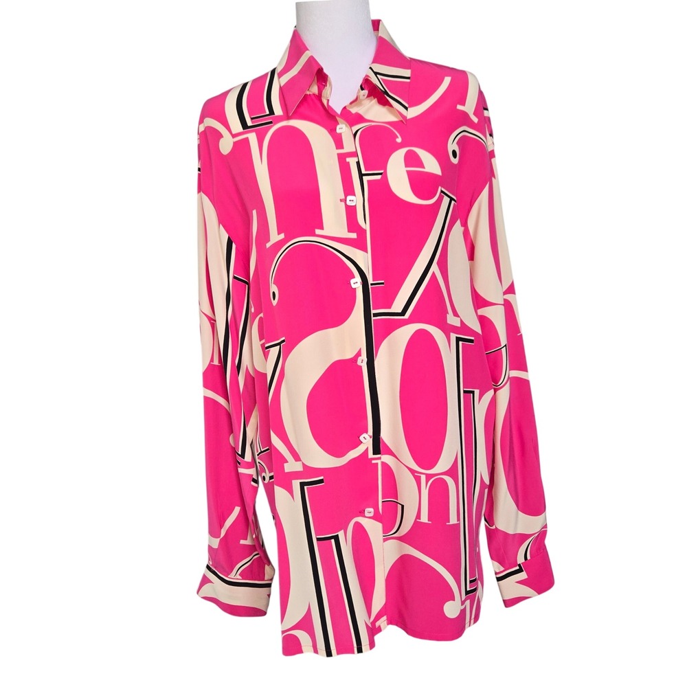 Dana B. and Karen Womens 100% Silk Hot Pink Typographic Letter Print Blouse 12